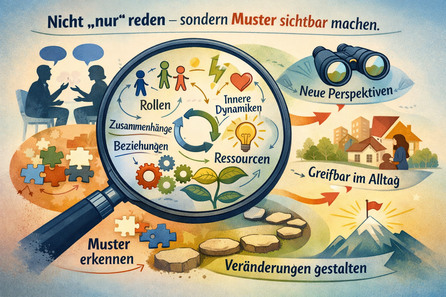 Systemische Therapie: Muster sichtbar machen, Zusammenhänge, Beziehungen, Rollen und innere Dynamiken visualisiert